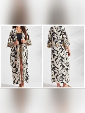 XIX Palms Tribal Wailea Black White Yellow Tropical Kimono Style Belted Robe